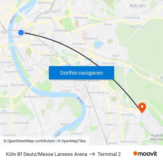 Köln Bf Deutz/Messe Lanxess Arena to Terminal 2 map