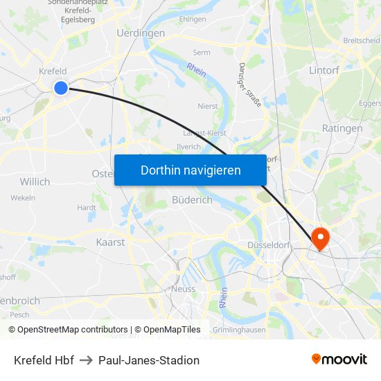 Krefeld Hbf to Paul-Janes-Stadion map