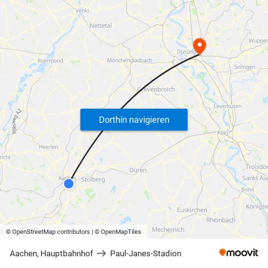 Aachen, Hauptbahnhof to Paul-Janes-Stadion map