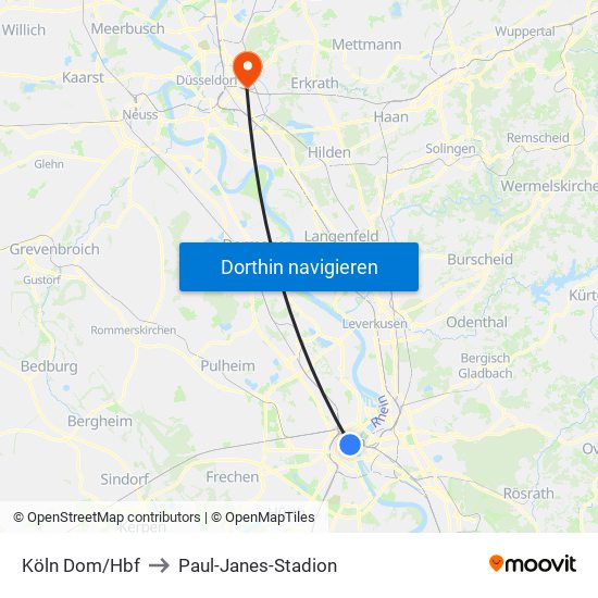 Köln Dom/Hbf to Paul-Janes-Stadion map