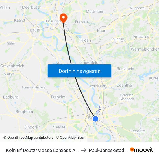Köln Bf Deutz/Messe Lanxess Arena to Paul-Janes-Stadion map