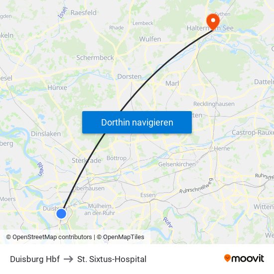 Duisburg Hbf to St. Sixtus-Hospital map