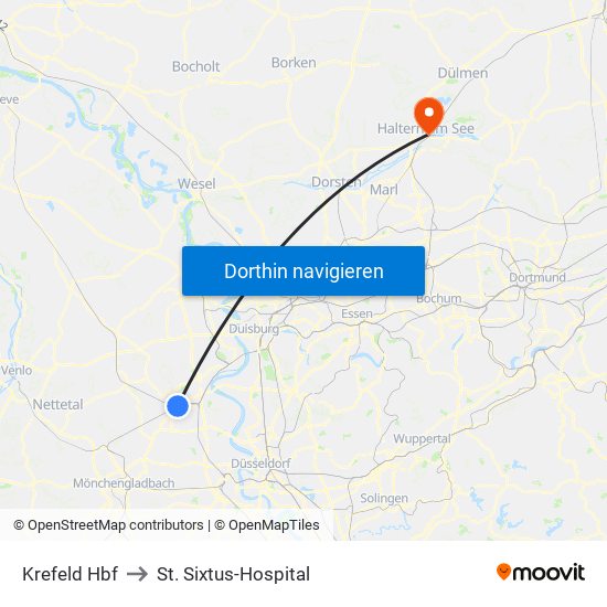 Krefeld Hbf to St. Sixtus-Hospital map