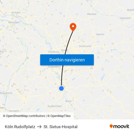 Köln Rudolfplatz to St. Sixtus-Hospital map