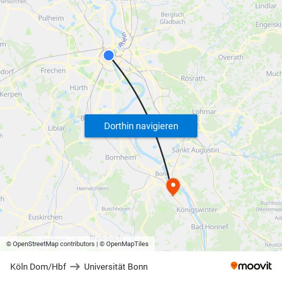 Köln Dom/Hbf to Universität Bonn map