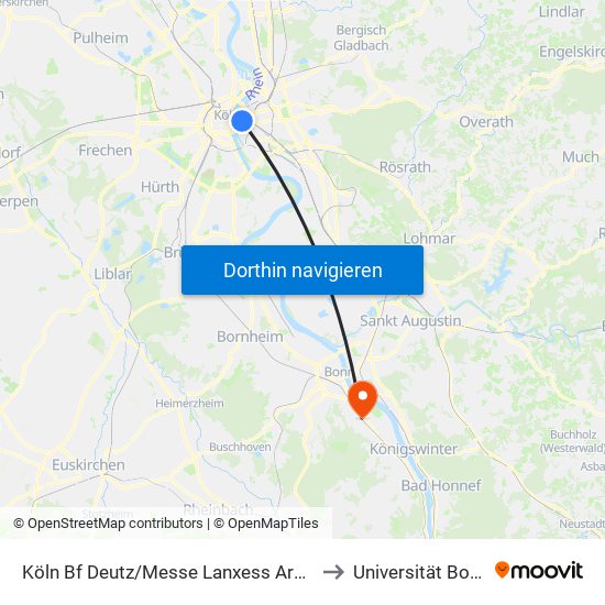 Köln Bf Deutz/Messe Lanxess Arena to Universität Bonn map