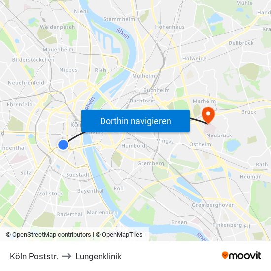 Köln Poststr. to Lungenklinik map