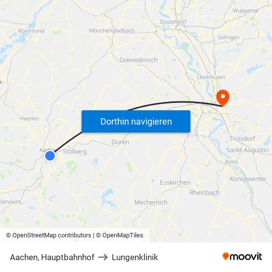 Aachen, Hauptbahnhof to Lungenklinik map