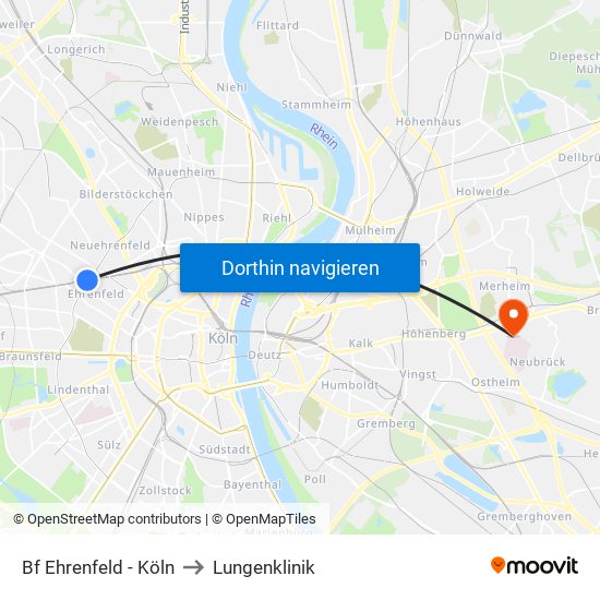 Bf Ehrenfeld - Köln to Lungenklinik map