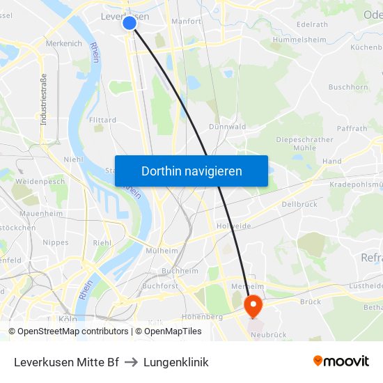 Leverkusen Mitte Bf to Lungenklinik map