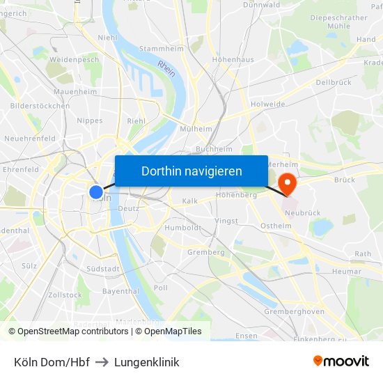 Köln Dom/Hbf to Lungenklinik map