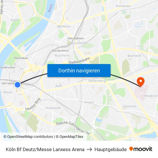 Köln Bf Deutz/Messe Lanxess Arena to Hauptgebäude map