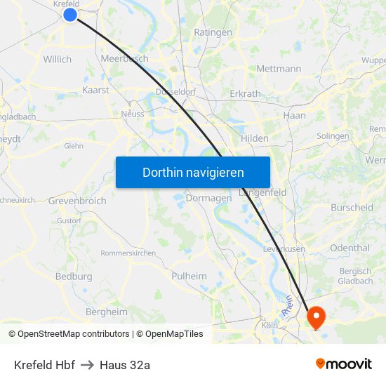 Krefeld Hbf to Haus 32a map