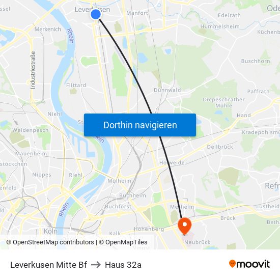 Leverkusen Mitte Bf to Haus 32a map