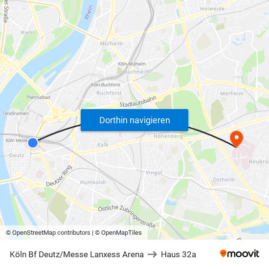 Köln Bf Deutz/Messe Lanxess Arena to Haus 32a map