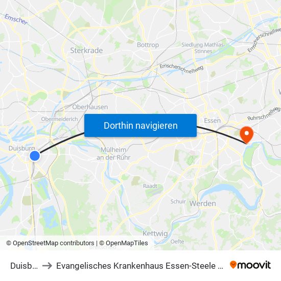 Duisburg Hbf to Evangelisches Krankenhaus Essen-Steele (Ehemals Knappschafts-Krankenhaus) map