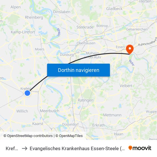 Krefeld Hbf to Evangelisches Krankenhaus Essen-Steele (Ehemals Knappschafts-Krankenhaus) map