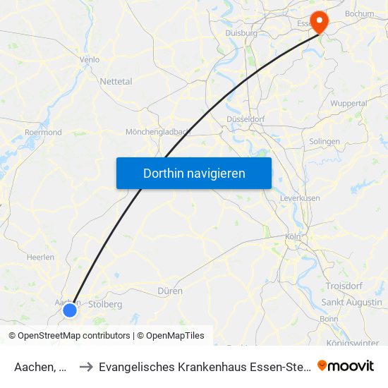 Aachen, Hauptbahnhof to Evangelisches Krankenhaus Essen-Steele (Ehemals Knappschafts-Krankenhaus) map