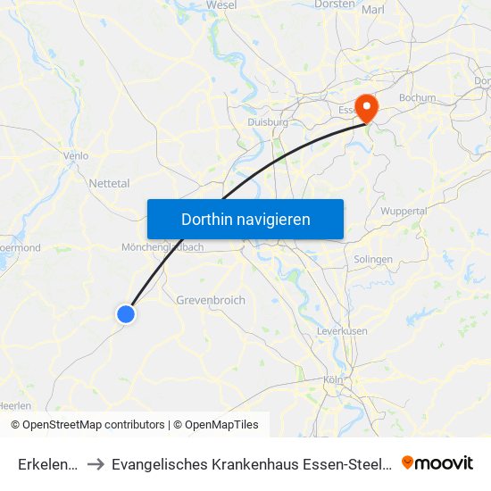 Erkelenz, Bahnhof to Evangelisches Krankenhaus Essen-Steele (Ehemals Knappschafts-Krankenhaus) map