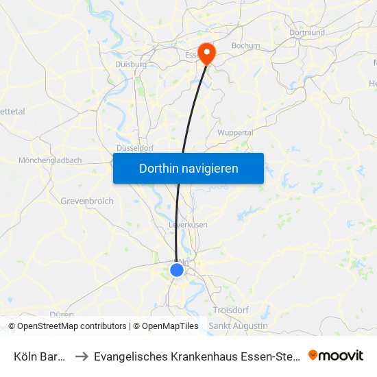 Köln Barbarossaplatz to Evangelisches Krankenhaus Essen-Steele (Ehemals Knappschafts-Krankenhaus) map