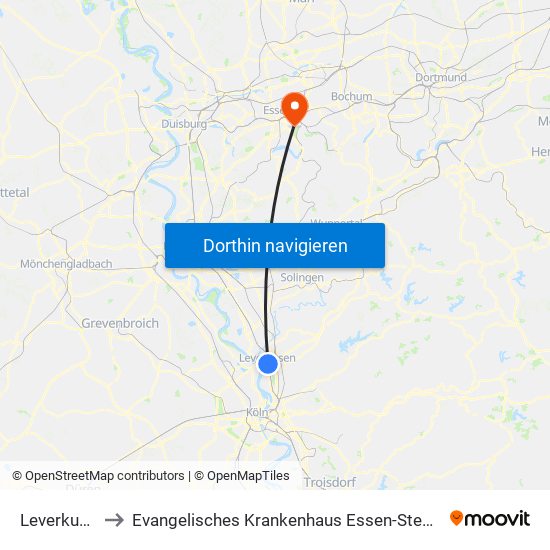 Leverkusen Mitte Bf to Evangelisches Krankenhaus Essen-Steele (Ehemals Knappschafts-Krankenhaus) map