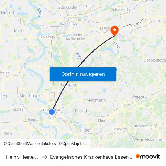 Heinr.-Heine-Allee U - Düsseldorf to Evangelisches Krankenhaus Essen-Steele (Ehemals Knappschafts-Krankenhaus) map