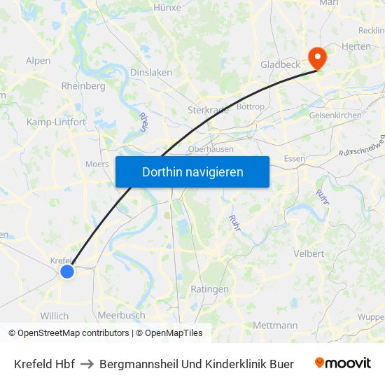 Krefeld Hbf to Bergmannsheil Und Kinderklinik Buer map
