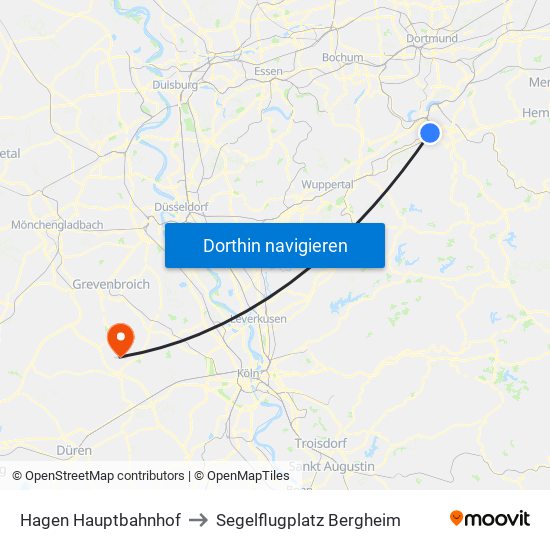 Hagen Hauptbahnhof to Segelflugplatz Bergheim map