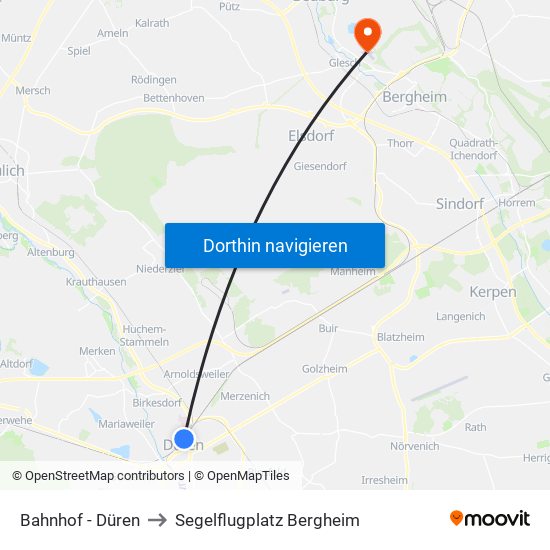 Bahnhof - Düren to Segelflugplatz Bergheim map