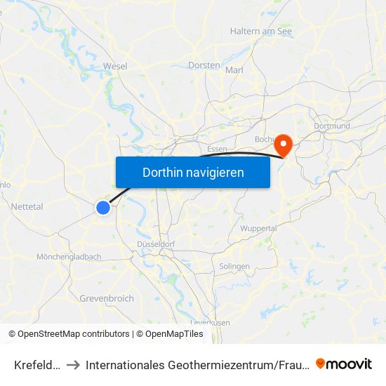 Krefeld Hbf to Internationales Geothermiezentrum / Fraunhofer-Institut map