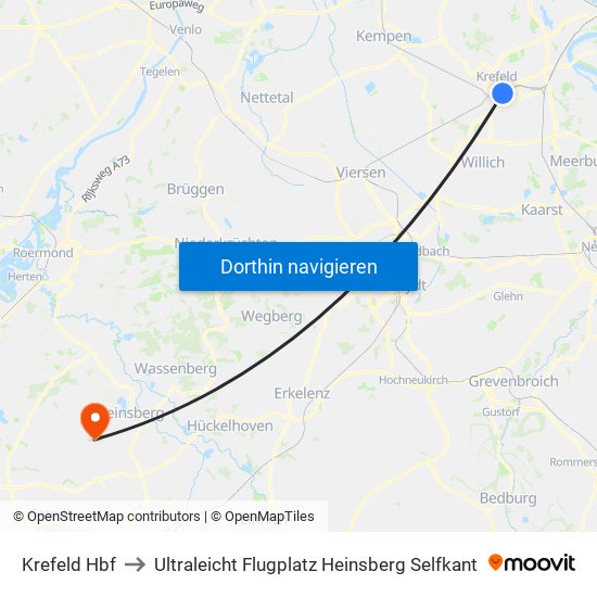 Krefeld Hbf to Ultraleicht Flugplatz Heinsberg Selfkant map