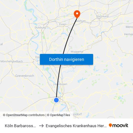 Köln Barbarossaplatz to Evangelisches Krankenhaus Herne-Eickel map