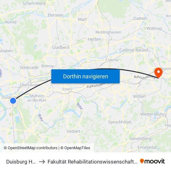 Duisburg Hbf to Fakultät Rehabilitationswissenschaften map