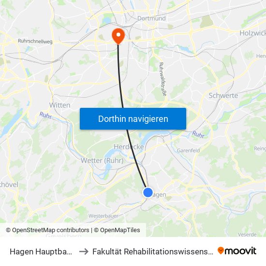 Hagen Hauptbahnhof to Fakultät Rehabilitationswissenschaften map