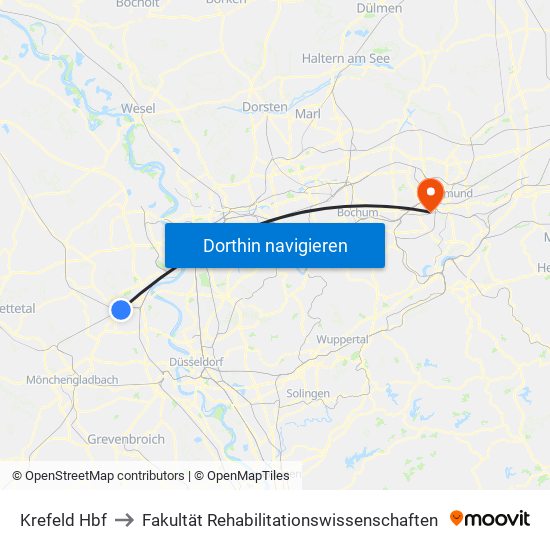 Krefeld Hbf to Fakultät Rehabilitationswissenschaften map