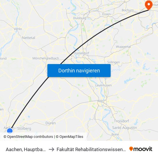 Aachen, Hauptbahnhof to Fakultät Rehabilitationswissenschaften map