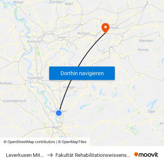 Leverkusen Mitte Bf to Fakultät Rehabilitationswissenschaften map