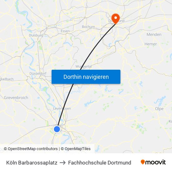 Köln Barbarossaplatz to Fachhochschule Dortmund map