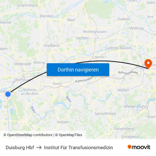 Duisburg Hbf to Institut Für Transfusionsmedizin map