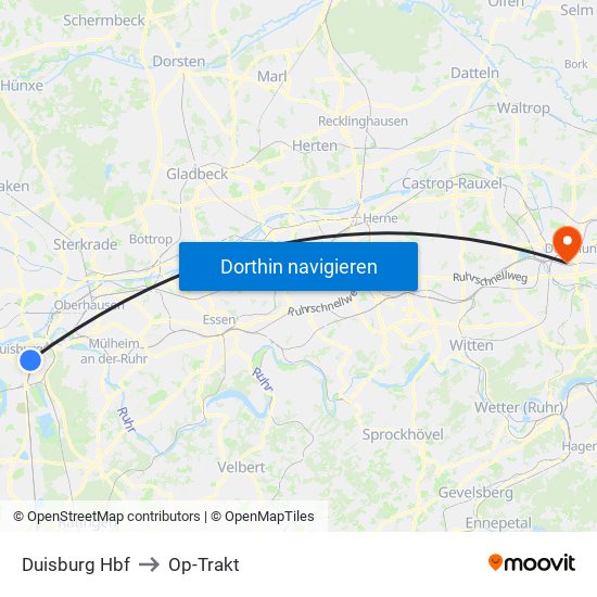 Duisburg Hbf to Op-Trakt map