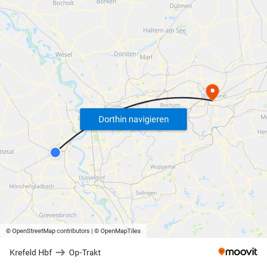 Krefeld Hbf to Op-Trakt map