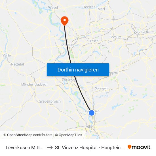 Leverkusen Mitte Bf to St. Vinzenz Hospital - Haupteingang map