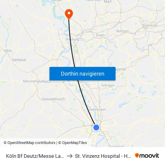 Köln Bf Deutz/Messe Lanxess Arena to St. Vinzenz Hospital - Haupteingang map