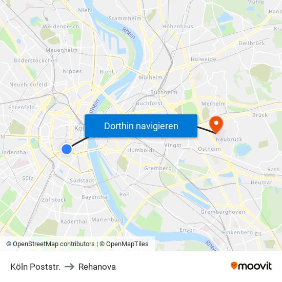 Köln Poststr. to Rehanova map