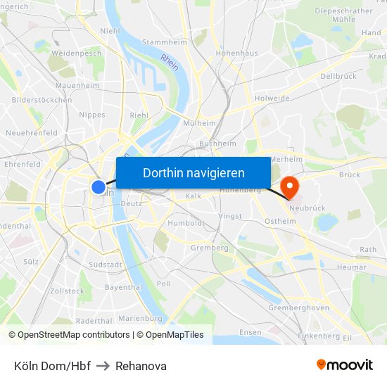 Köln Dom/Hbf to Rehanova map