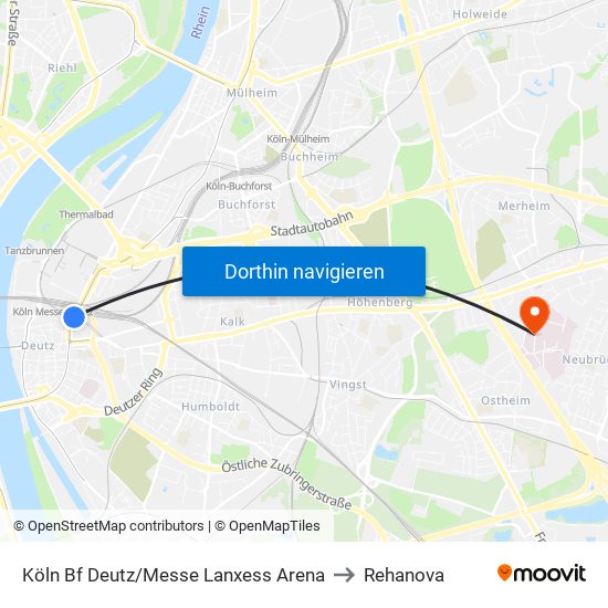 Köln Bf Deutz/Messe Lanxess Arena to Rehanova map