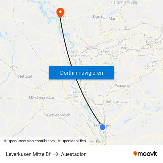 Leverkusen Mitte Bf to Auestadion map