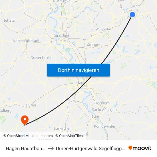 Hagen Hauptbahnhof to Düren-Hürtgenwald Segelfluggelände map