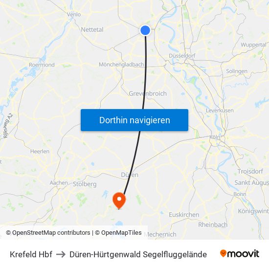 Krefeld Hbf to Düren-Hürtgenwald Segelfluggelände map