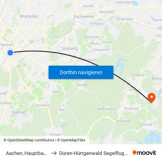 Aachen, Hauptbahnhof to Düren-Hürtgenwald Segelfluggelände map